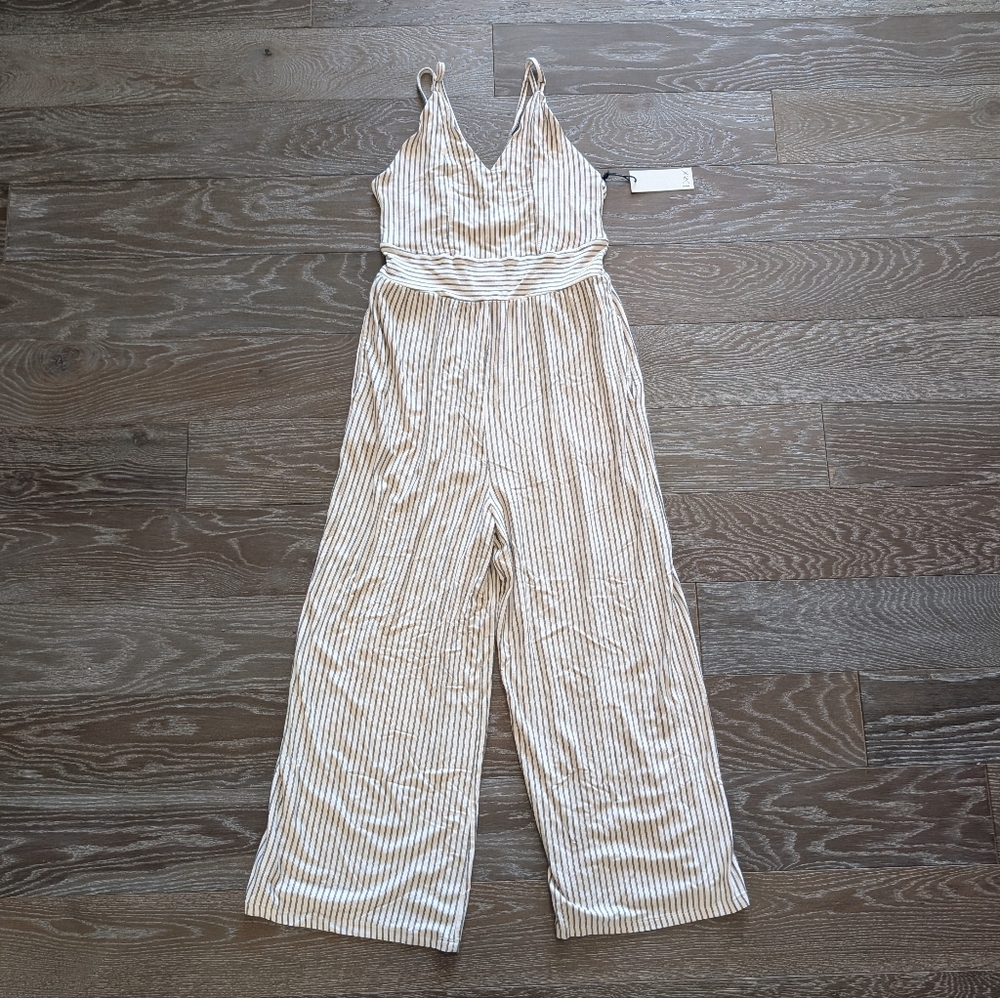 NWT Dex Cream Stripe V-Neck Wide-Leg Jumpsuit Size Small